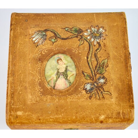 Antique Victorian Men's Cuff & Collar Stay Box Leather Covered Wood - Picture 3 of 16